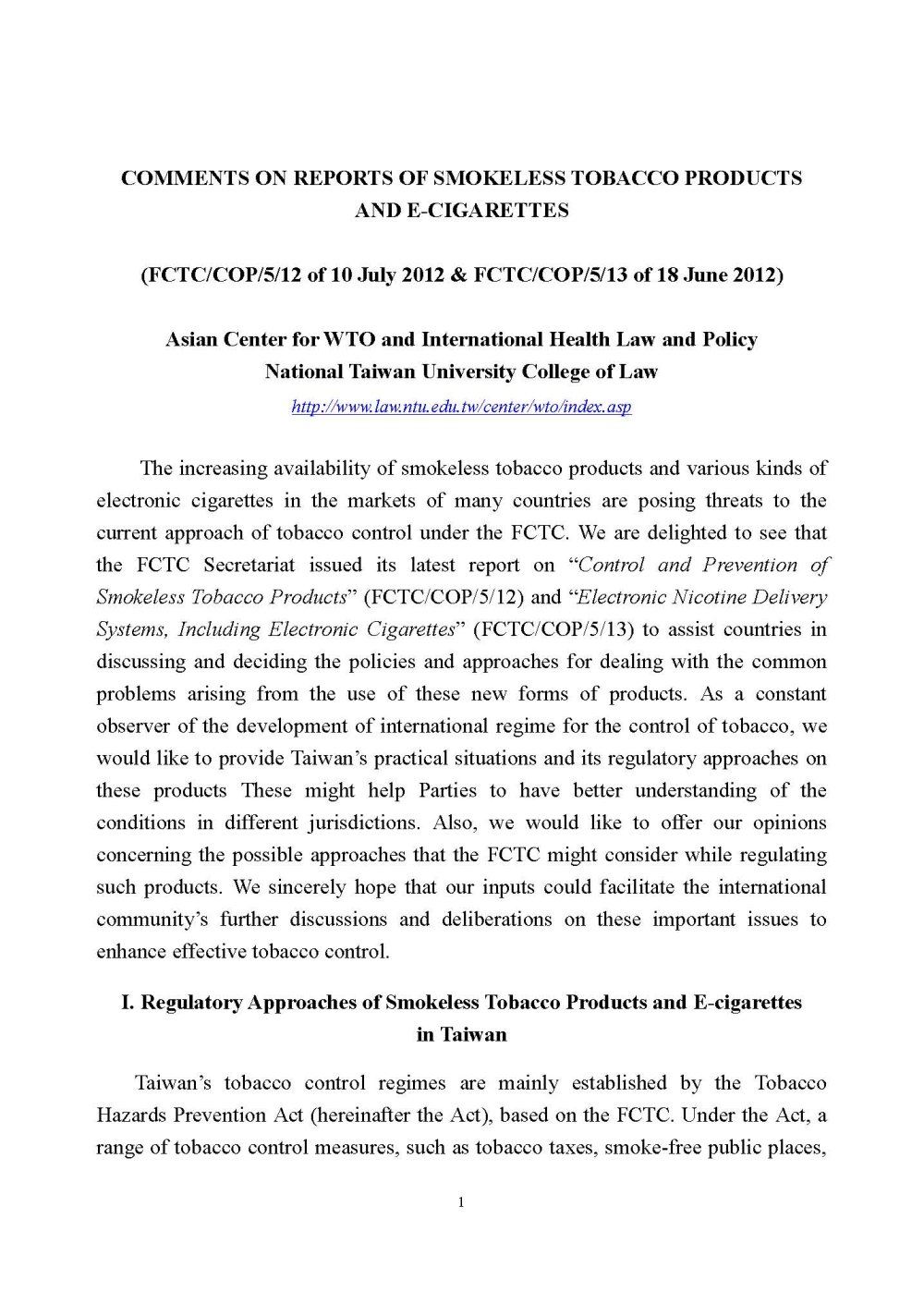 2012 Comments on Reports of Smokeless Tobacco Products and E-cigarettes