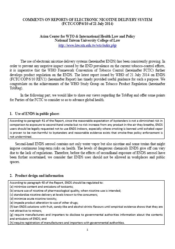 2014 Comments on Reports of Electronic Nicotine Delivery System