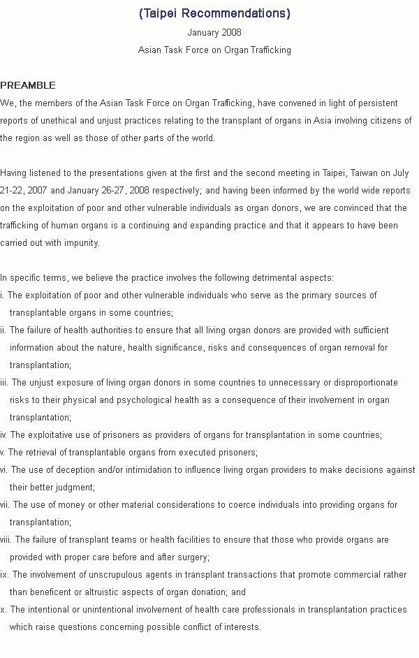 Recommendation on the Prohibition, Prevention and Elimination of organ trafficking in Asia