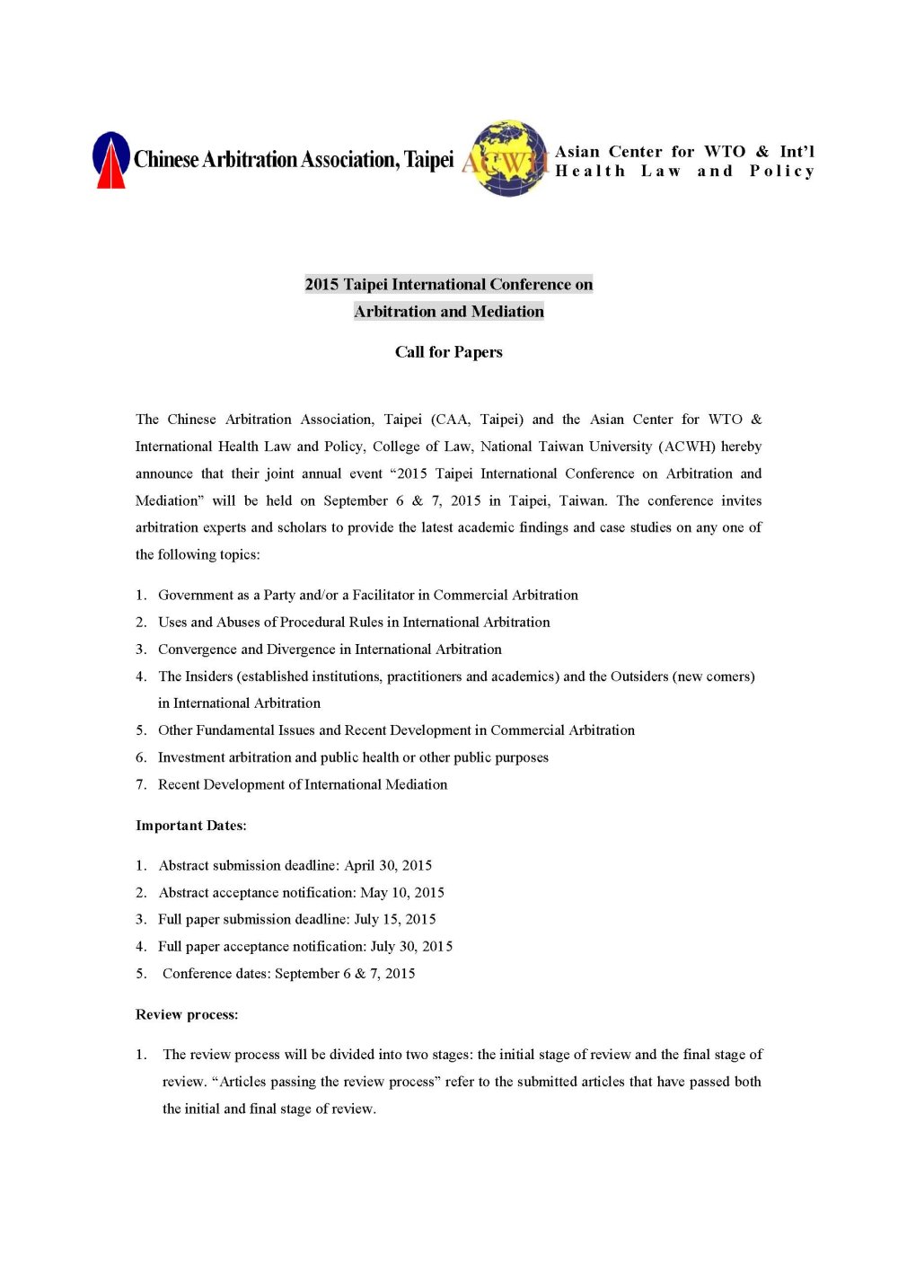 Call for Papers – 2015 Taipei International Conference on Arbitration and Mediation