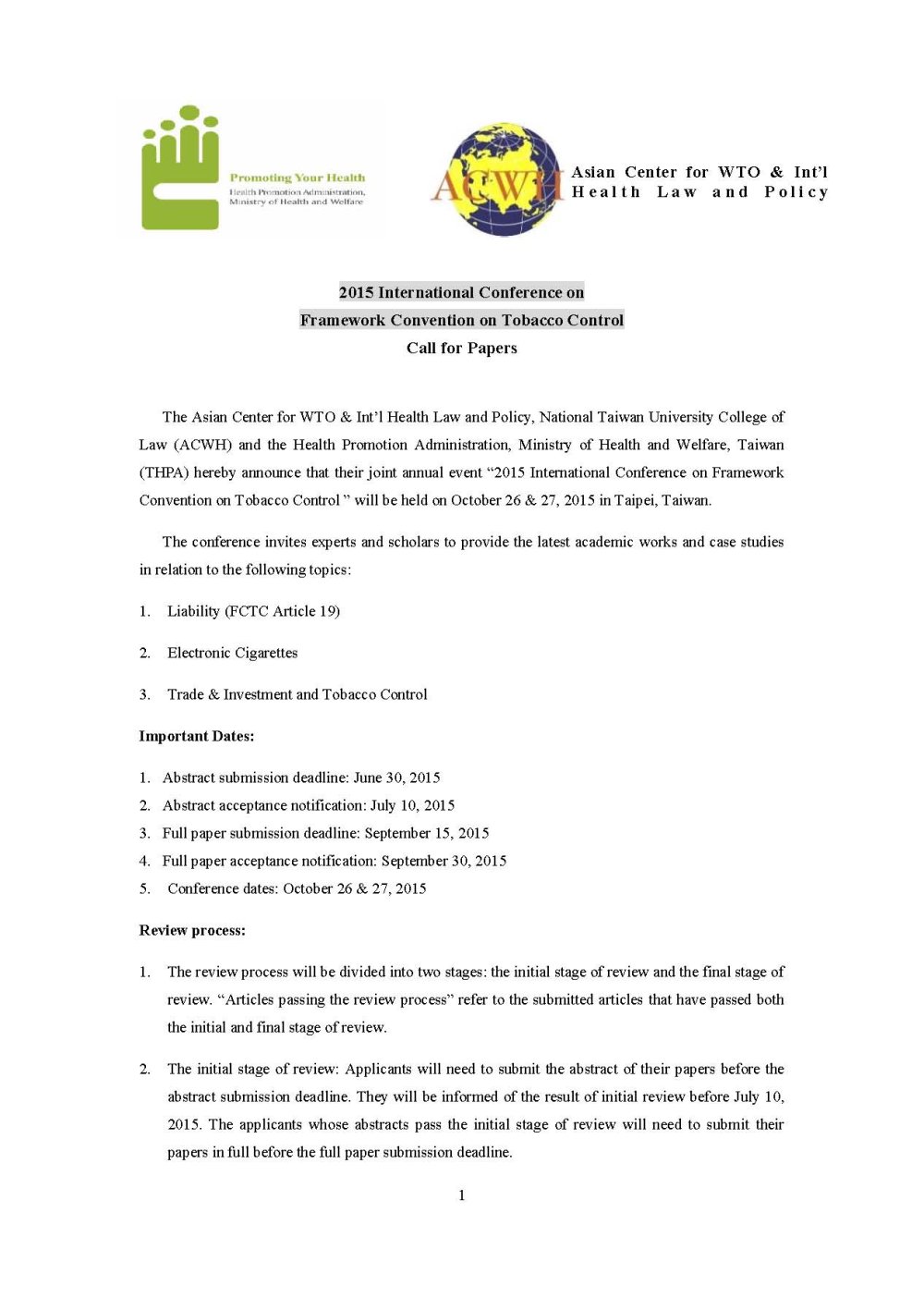 Call for Papers – 2015 International Conference on Framework Convention on Tobacco Control